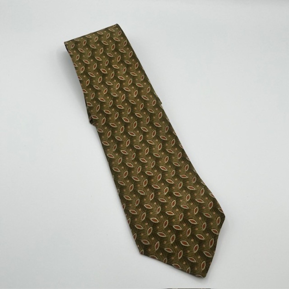 Geoffrey Beene Mens Silk Tie Olive Green Geometric Teardrop Made in Italy 3.75"